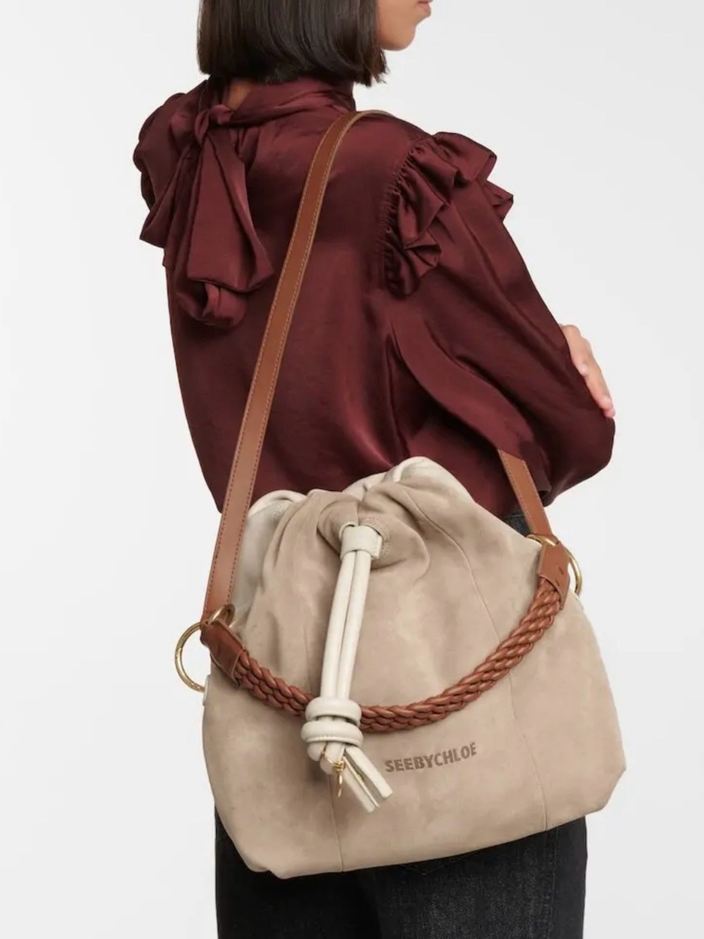 See by Chloé Cleme Lather & Suede Bucket/Hobo/Shoulder Bag, Motty Grey